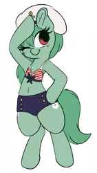 Size: 1081x1920 | Tagged: safe, artist:wickedsilly, derpibooru import, oc, unofficial characters only, earth pony, pony, belly button, bikini top, bipedal, clothes, cute, female, hat, mare, midriff, ocbetes, one eye closed, sailor, sailor hat, salute, shorts, simple background, smiling, solo, swimsuit, wink
