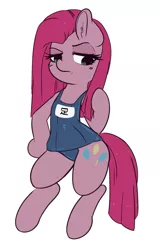 Size: 1227x1920 | Tagged: safe, artist:wickedsilly, derpibooru import, pinkie pie, pony, bipedal, clothes, female, lidded eyes, mare, one-piece swimsuit, pinkamena diane pie, simple background, solo, sukumizu, swimsuit, unamused