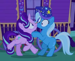 Size: 880x720 | Tagged: safe, derpibooru import, screencap, starlight glimmer, trixie, pony, to where and back again, :t, bipedal, boop, cropped, frown, nose wrinkle, noseboop, out of context, raised hoof, rearing, scrunchy face, underhoof, wide eyes