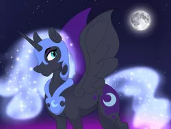 Size: 1024x768 | Tagged: safe, artist:fantasyinsanity, derpibooru import, nightmare moon, alicorn, pony, moon, night, solo, spread wings, stars