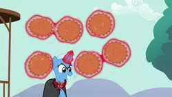 Size: 1280x720 | Tagged: safe, derpibooru import, screencap, trixie, pony, magic duel, alicorn amulet, cloak, clothes, food, pie