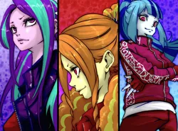 Size: 1350x1000 | Tagged: safe, artist:ddd1983, derpibooru import, adagio dazzle, aria blaze, sonata dusk, equestria girls, rainbow rocks, clothes, fingerless gloves, gloves, jacket, looking at you, smiling, the dazzlings, trio