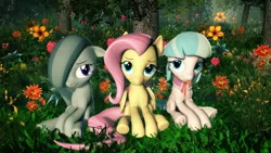 Size: 1920x1080 | Tagged: safe, artist:powdan, derpibooru import, coco pommel, fluttershy, marble pie, earth pony, pegasus, pony, 3d, cocobetes, cute, female, floppy ears, flower, forest, gmod, hair over one eye, looking at you, marblebetes, mare, sitting, spring, the council of shy ponies, tongue out, tree