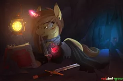 Size: 1359x900 | Tagged: safe, artist:redchetgreen, derpibooru import, oc, oc:orfartina, unofficial characters only, pony, unicorn, book, clothes, female, glowing eyes, glowing horn, lantern, mare, potion, prone, reading, scar, solo, sword, weapon