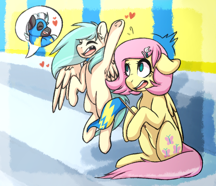 Size: 867x749 | Tagged: safe, artist:benji-boi, derpibooru import, fluttershy, thunderlane, oc, oc:sugar cookie, pegasus, pony, armpits, clothes, female, flag, floppy ears, heart, jumping, male, mare, offspring, parent:fluttershy, parent:thunderlane, parents:thundershy, shipping, stallion, straight, thundershy, tooth gap, underhoof, uniform, wonderbolts uniform