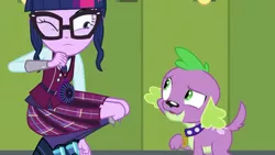 Size: 854x480 | Tagged: safe, derpibooru import, screencap, sci-twi, spike, spike the regular dog, twilight sparkle, dog, equestria girls, friendship games, clothes, crystal prep academy uniform, glasses, magic capture device, one eye closed, school uniform, shoes, skirt, socks