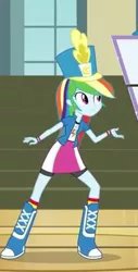 Size: 209x411 | Tagged: safe, deleted from derpibooru, derpibooru import, screencap, rainbow dash, equestria girls, friendship games, boots, bracelet, chs rally song, clothes, hat, jewelry, skirt, smiling, socks, solo, wristband