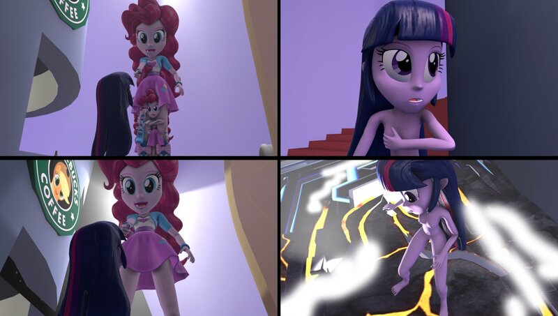 Size: 1188x673 | Tagged: questionable, artist:shrunkenlover, derpibooru import, pinkie pie, twilight sparkle, comic:twilight's nightmare, equestria girls, 3d, breasts, busty twilight sparkle, clothed female nude female, covering, embarrassed, embarrassed nude exposure, female, image, jpeg, male, micro, multeity, nightmare, nightmare fuel, nipples, nudity, pinkie nightare nudes, public humiliation