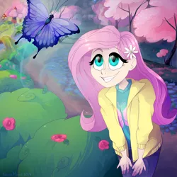 Size: 2222x2222 | Tagged: safe, artist:lionisminor, derpibooru import, fluttershy, butterfly, human, clothes, flower, flower in hair, forest, grin, humanized, jacket, smiling, solo, tree, water