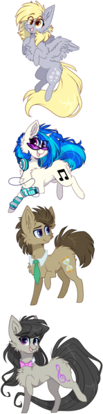 Size: 946x3800 | Tagged: safe, artist:tenebristayga, derpibooru import, derpy hooves, doctor whooves, octavia melody, time turner, vinyl scratch, pegasus, pony, backwards cutie mark, chest fluff, chibi, female, fluffy, flying, leg warmers, mare, mp3 player, open mouth, raised hoof, simple background, smiling, time, transparent background