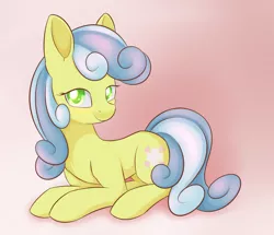 Size: 1024x880 | Tagged: safe, artist:dusthiel, derpibooru import, nurse coldheart, nurse snowheart, earth pony, pony, commission, female, gradient background, looking at you, mare, missing accessory, prone, smiling, solo