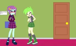 Size: 1052x639 | Tagged: safe, artist:sugarskullfangirl, derpibooru import, cherry crash, sunny flare, equestria girls, blushing, boots, cherry, clothes, dialogue, ear piercing, earring, female, fingerless gloves, food, gloves, high heel boots, jewelry, laughing, piercing, story included, unamused