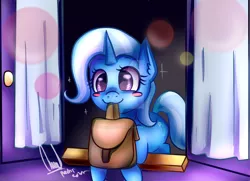 Size: 1024x740 | Tagged: safe, artist:paintcoloryt, derpibooru import, trixie, pony, unicorn, to where and back again, blushing, female, mare, mouth hold, solo, to saddlebags and back again, watermark