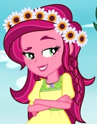 Size: 417x531 | Tagged: safe, derpibooru import, screencap, gloriosa daisy, timber spruce, equestria girls, legend of everfree, cropped, crossed arms, geode of fauna, geode of shielding, geode of sugar bombs, geode of super speed, geode of super strength, magical geodes, offscreen character, smug, solo