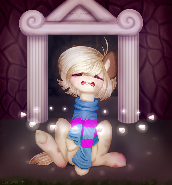 Size: 2891x3107 | Tagged: safe, artist:pony-ellie-stuart, derpibooru import, ponified, earth pony, pony, clothes, commission, crossover, eyes closed, friendliness pellets, frisk, implied flowey the flower, scared, sitting, solo, underhoof, undertale, ych result