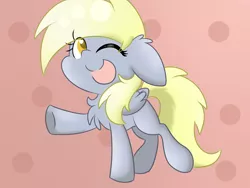 Size: 1400x1050 | Tagged: artist:meowmavi, chest fluff, derpibooru import, derpy hooves, filly, filly derpy, floppy ears, one eye closed, raised hoof, safe, solo, wink
