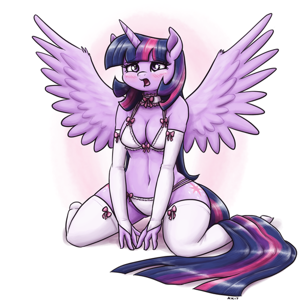 Size: 1280x1280 | Tagged: alicorn, alternate version, anthro, artist:king-kakapo, belly button, blushing, both cutie marks, bra, breasts, busty twilight sparkle, choker, cleavage, clothes, derpibooru import, evening gloves, female, fingerless elbow gloves, fingerless gloves, frilly underwear, gloves, kneeling, lingerie, long gloves, mare, panties, ribbon, solo, solo female, spread wings, stockings, suggestive, thigh highs, twilight sparkle, twilight sparkle (alicorn), underwear, white underwear, wingboner