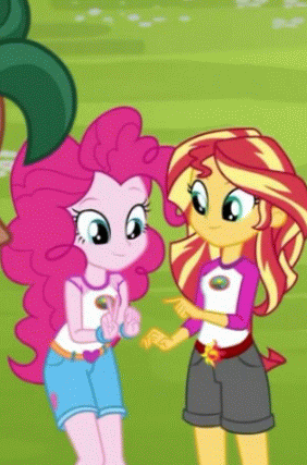 Size: 282x427 | Tagged: safe, derpibooru import, edit, edited screencap, screencap, pinkie pie, sunset shimmer, timber spruce, equestria girls, legend of everfree, animated, balloon, bracelet, camp everfree outfits, clothes, cute, gif, heart, jewelry, shimmerbetes, shorts, sun