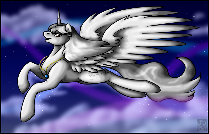 Size: 3640x2340 | Tagged: safe, artist:stormblaze-pegasus, derpibooru import, oc, unofficial characters only, alicorn, pony, alicorn oc, cloud, female, flying, jewelry, looking back, mare, night, open mouth, pendant, smiling, solo, stars