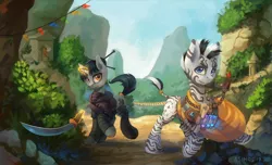 Size: 1500x914 | Tagged: safe, artist:asimos, derpibooru import, oc, oc:swift justice, oc:tiger eyes, unofficial characters only, pony, unicorn, zebra, clothes, commission, jungle, levitation, looking at you, magic, mountain, scenery, scroll, sword, telekinesis, weapon
