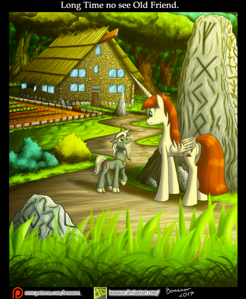 Size: 2000x2435 | Tagged: safe, artist:bonaxor, derpibooru import, oc, oc:fausticorn, ponified, alicorn, pony, unicorn, female, garden, male, mare, merlin, patreon, patreon logo, raised hoof, stallion, unshorn fetlocks