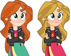 Size: 2400x1869 | Tagged: artist needed, safe, derpibooru import, edit, vector edit, sunset shimmer, equestria girls, arms folded, blonde, blonde hair, clone, clothes, crossed arms, freckles, ginger, human coloration, realism edits, recolor, redhead, simple background, solo, sunset ginger, transparent background, vector