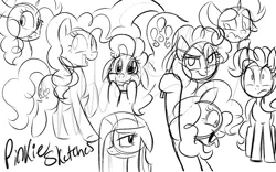 Size: 1024x640 | Tagged: safe, artist:wubcakeva, derpibooru import, pinkie pie, pony, happy, knife, monochrome, multeity, pinkamena diane pie, self ponidox, sketch, sketch dump, solo, wavy mouth