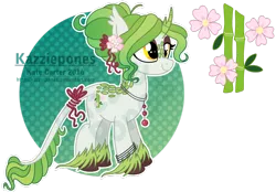 Size: 1024x711 | Tagged: safe, artist:kazziepones, derpibooru import, oc, oc:midori, unofficial characters only, classical unicorn, kirin, unicorn, cloven hooves, female, flower, flower in hair, image, leonine tail, png, reference sheet, simple background, solo, transparent background, unshorn fetlocks