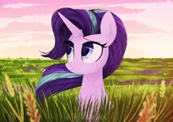 Size: 1491x1055 | Tagged: safe, artist:sonnatora, derpibooru import, starlight glimmer, pony, unicorn, cloud, cute, female, field, food, glimmerbetes, grass, lidded eyes, looking up, mare, river, scenery, scenery porn, sitting, sky, smiling, solo, wheat, windswept mane