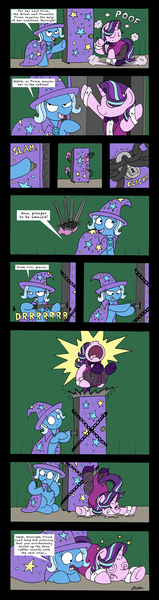 Size: 2516x9500 | Tagged: safe, artist:bobthedalek, derpibooru import, starlight glimmer, trixie, pony, unicorn, absurd resolution, accident, assistant, assistant's outfit, circling stars, clothes, comic, dialogue, dizzy, fail, female, fishnets, grammar error, knock out, magic, magic show, magic trick, mare, misspelling, pain, swirly eyes, sword, this ended in pain, weapon