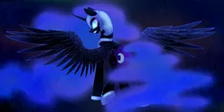 Size: 2000x1000 | Tagged: safe, artist:fanaticpanda, derpibooru import, nightmare moon, alicorn, pony, grin, looking back, nightmare moonbutt, plot, smiling, solo, spread wings