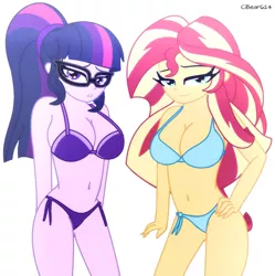 Size: 1280x1283 | Tagged: suggestive, artist:cbear624, derpibooru import, sci-twi, sunset shimmer, twilight sparkle, equestria girls, bedroom eyes, belly, belly button, big breasts, bikini, breasts, busty sci-twi, busty sunset shimmer, busty twilight sparkle, clothes, duo, duo female, female, looking at you, ponytail, sexy, smiling, swimsuit