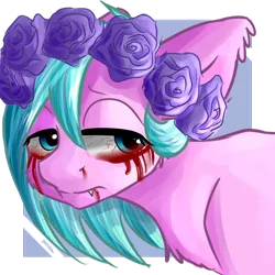 Size: 1280x1280 | Tagged: grimdark, artist:oliverthepanda, derpibooru import, oc, oc:stigmata, unofficial characters only, pony, abstract background, blood, bloodshot eyes, crying, fangs, floral head wreath, flower, grimcute, sad, solo, tears of blood