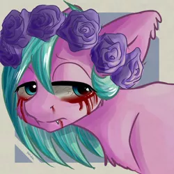 Size: 1500x1500 | Tagged: grimdark, alternate version, artist:oliverthepanda, derpibooru import, oc, oc:stigmata, unofficial characters only, pony, abstract background, blood, bloodshot eyes, crying, fangs, floral head wreath, flower, grimcute, nosebleed, sad, solo, tears of blood