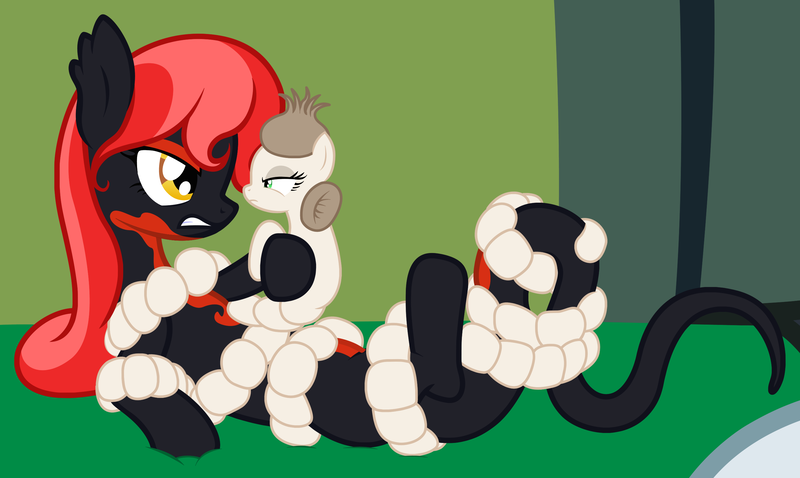 Size: 2825x1689 | Tagged: safe, artist:badumsquish, derpibooru import, oc, oc:calista, oc:mave, unofficial characters only, alp-luachra, original species, tapeworm, tapeworm pony, angry, bed, constriction, duo, eye contact, female, fight, glare, looking at each other, on back, parasite, red and black oc, struggling, teeth, wrapped up