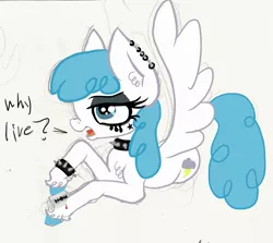 Size: 1663x1483 | Tagged: semi-grimdark, artist:paskanaakka, derpibooru import, lightning bolt, white lightning, pegasus, pony, blood, chest fluff, choker, colored hooves, cutting, ear fluff, ear piercing, earring, emo, female, frown, jewelry, lidded eyes, makeup, mare, open mouth, piercing, prone, razor blade, self harm, simple background, solo, spiked choker, spiked wristband, spread wings, unshorn fetlocks, wings, wristband