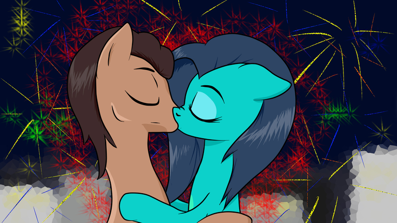 Size: 1920x1080 | Tagged: safe, artist:astroanimations, derpibooru import, oc, oc:estevangel, oc:silvernaqua, unofficial characters only, earth pony, merpony, pony, seapony (g4), happy new year, kissing, kissy face, love, oc x oc, shipping, silvangel