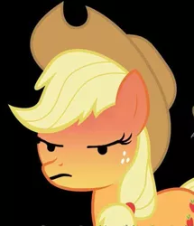 Size: 651x756 | Tagged: safe, artist:dharthez, derpibooru import, edit, editor:anonymous, applejack, pony, angry, black background, cowboy hat, emoji, frown, hat, lidded eyes, simple background, solo, stetson