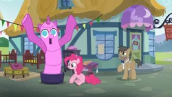 Size: 1920x1080 | Tagged: safe, derpibooru import, screencap, fred flintpone, pinkie pie, pony, the one where pinkie pie knows, airdancer, raised hoof, sitting, wacky waving inflatable tube pony