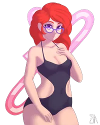 Size: 2400x3000 | Tagged: artist:souladdicted, breasts, busty twist, cleavage, clothes, derpibooru import, female, glasses, human, human coloration, humanized, looking at you, older, one-piece swimsuit, open-back swimsuit, pinup, simple background, solo, solo female, stupid sexy twist, suggestive, swimsuit, transparent background, twist