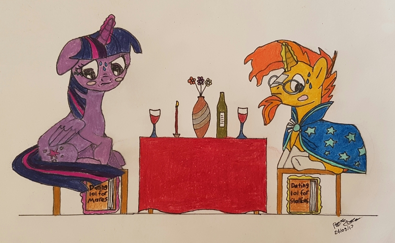 Size: 3028x1865 | Tagged: safe, artist:magicnova, derpibooru import, sunburst, twilight sparkle, twilight sparkle (alicorn), alicorn, pony, unicorn, alcohol, awkward, book, candle, dating, female, flower, glass, glasses, grin, magic aura, male, nervous, nervous grin, shipping, signature, smiling, stool, straight, sunburst's glasses, sunburst's robe, sweat, table, that pony sure does love books, traditional art, twiburst, wine, wine bottle, wine glass