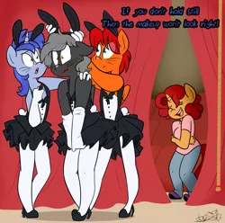 Size: 3229x3197 | Tagged: safe, artist:befishproductions, derpibooru import, oc, oc:aeon of dreams, oc:goldenfox, oc:keyframe, oc:tranzmute, unofficial characters only, anthro, bat pony, pegasus, unicorn, clothes, crossdressing, female, goldenkey, high heels, high res, laughing, lipstick, male, mare, pantyhose, signature, skirt, skirt pull, stallion, stockings, thigh highs