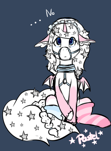 Size: 2250x3061 | Tagged: safe, artist:otpl, artist:pastel-pony-princess, derpibooru import, oc, oc:pastel princess, unofficial characters only, pony, bridle, clothes, feathered ears, female, hairpin, harness, long tail, looking at you, mare, sitting, small wings, socks, solo, stars, stockings, striped socks, tack, thigh highs, unibat, unshorn fetlocks