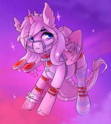 Size: 1274x1424 | Tagged: semi-grimdark, artist:bbone, derpibooru import, oc, oc:pastel princess, unofficial characters only, pony, bridle, candy gore, clothes, decapitated, feathered ears, female, food, fruit gore, hairpin, harness, headless, long tail, mare, severed head, small wings, solo, stars, tack, unibat, unshorn fetlocks, watermelon