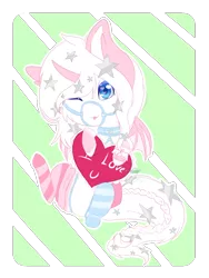 Size: 900x1200 | Tagged: safe, artist:angel-rose, derpibooru import, oc, oc:pastel princess, unofficial characters only, pony, bow, bridle, chibi, clothes, collar, feathered ears, female, hairpin, harness, heart, heart eyes, heart pillow, long tail, mare, pillow, small wings, socks, stars, striped socks, tack, tail bow, unibat, unshorn fetlocks, wingding eyes