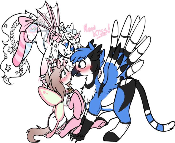 Size: 860x701 | Tagged: safe, artist:askponyren, derpibooru import, oc, oc:pastel princess, oc:raven tail, oc:sleepy dust, unofficial characters only, gryphon, hippogriff, mothpony, original species, antennae, bluejay griffon, blushing, bow, bridle, clothes, feathered ears, female, flying, griffon oc, hairpin, harness, heart eyes, lace, long tail, mare, moth antenna, now kiss, oc x oc, shipping, short tail, simple background, small wings, stars, stockings, tack, tail bow, thigh highs, transparent background, unibat, unshorn fetlocks, wingding eyes, writing