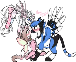 Size: 860x701 | Tagged: safe, artist:askponyren, derpibooru import, oc, oc:pastel princess, oc:raven tail, oc:sleepy dust, unofficial characters only, gryphon, hippogriff, mothpony, original species, antennae, bluejay griffon, blushing, bow, bridle, clothes, feathered ears, female, flying, griffon oc, hairpin, harness, heart eyes, lace, long tail, mare, moth antenna, now kiss, oc x oc, shipping, short tail, simple background, small wings, stars, stockings, tack, tail bow, thigh highs, transparent background, unibat, unshorn fetlocks, wingding eyes, writing
