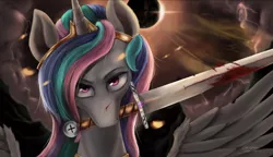 Size: 5396x3098 | Tagged: semi-grimdark, artist:cattle32, derpibooru import, princess celestia, alicorn, pony, absurd resolution, badass, blood, crown, cut, eclipse, jewelry, looking at you, mouth hold, regalia, signature, solo, sword, warrior celestia, weapon