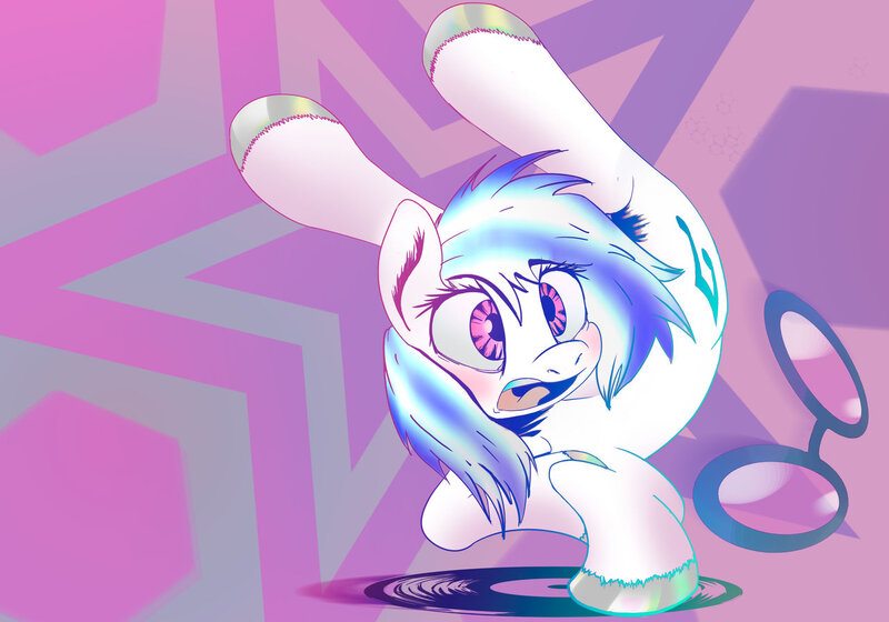 Size: 1280x896 | Tagged: abstract background, artist:hecc95, derpibooru import, flexible, glasses, missing horn, open mouth, record, safe, solo, standing, standing on one leg, sunglasses, vinyl missing her horn, vinyl scratch