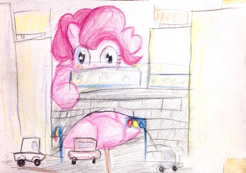 Size: 1824x1280 | Tagged: safe, artist:tanishi194, derpibooru import, pinkie pie, pony, car, city, drawing, faic, giant pony, macro, solo